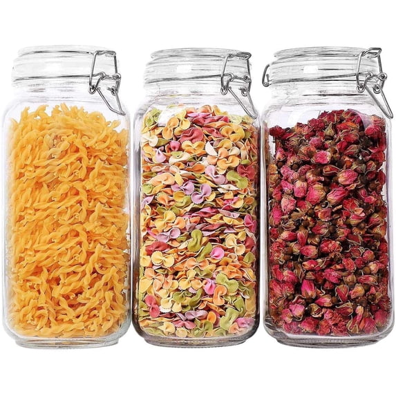 ComSaf Airtight Glass Canisters with Clamp Lids for Kitchen, 78 oz, Set of 3, Square
