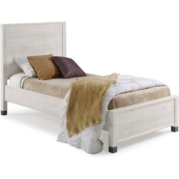 Camaflexi Baja Platform Bed, Solid Pine Wooden Bed Frame, Twin, Shabby White 100% Solid Wood