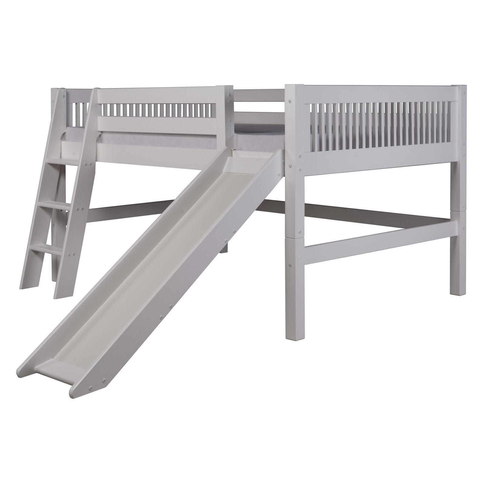 Camaflexi Full Size Low Loft Bed with Slide Mission Headboard White Finish