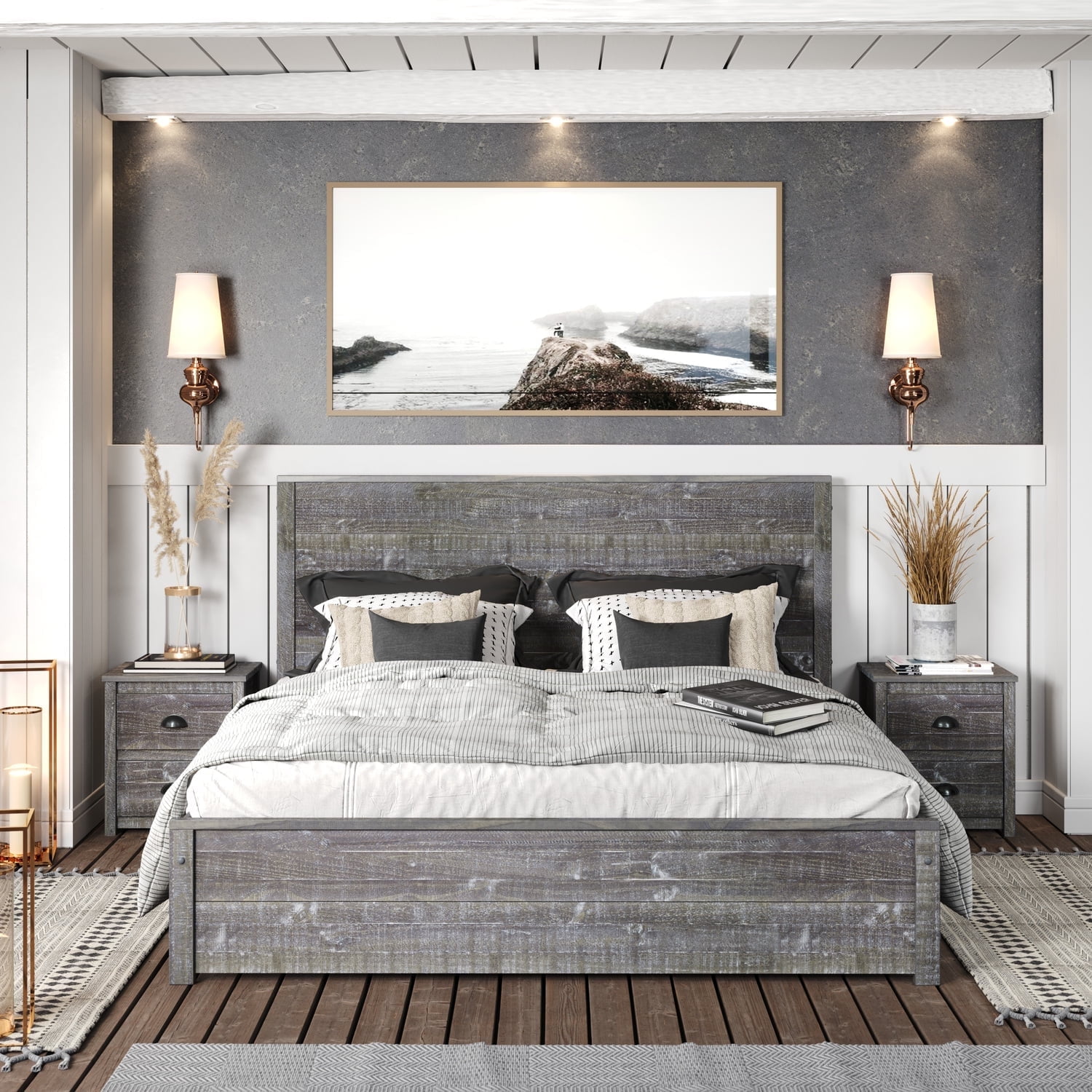 Camaflexi Hampton Solid Wood Queen Size Bed, Queen Bed Frame with Headboard, Granite Grey Finish