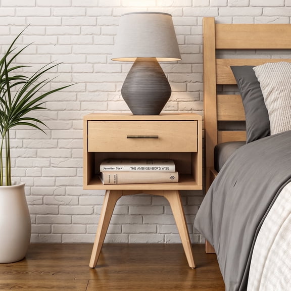 Camaflexi Mid Century Modern Nightstand 1 Drawer Night Stand with Open Shelf, Light Oak