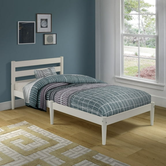 Camaflexi Mid Century Modern Wood Platform Bed Frame with Headboard, Twin, White