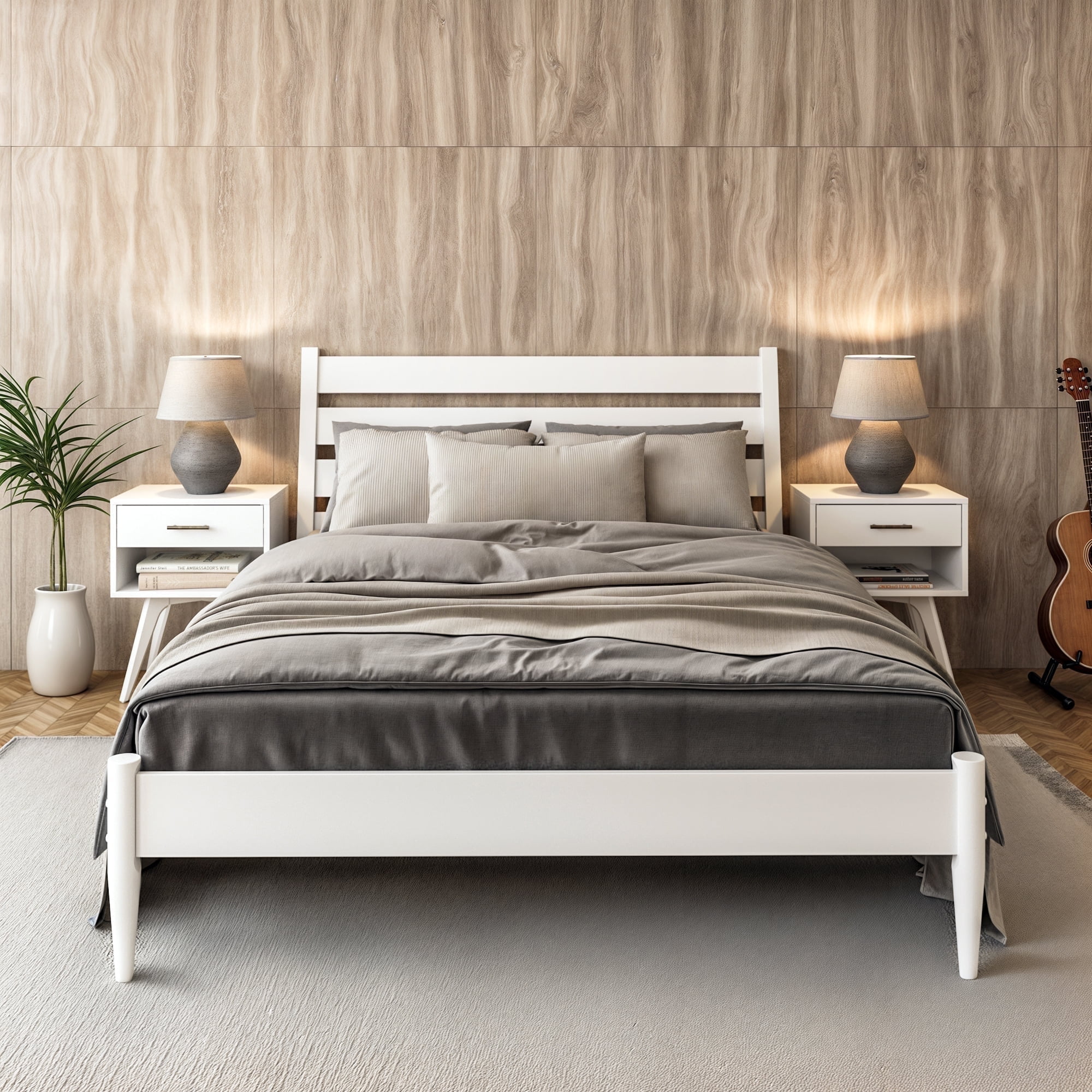 White Pine Wood Queen Platform Bed with Upholstered Headboard