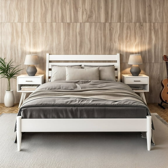 Camaflexi Mid Century Platform Bed Queen Size Solid Wood Bed Frame, White 100% Solid Wood