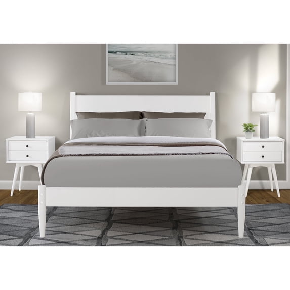 Camaflexi Mid Century Platform Bed Wood Panel Bed Frame with Headboard, Full, White