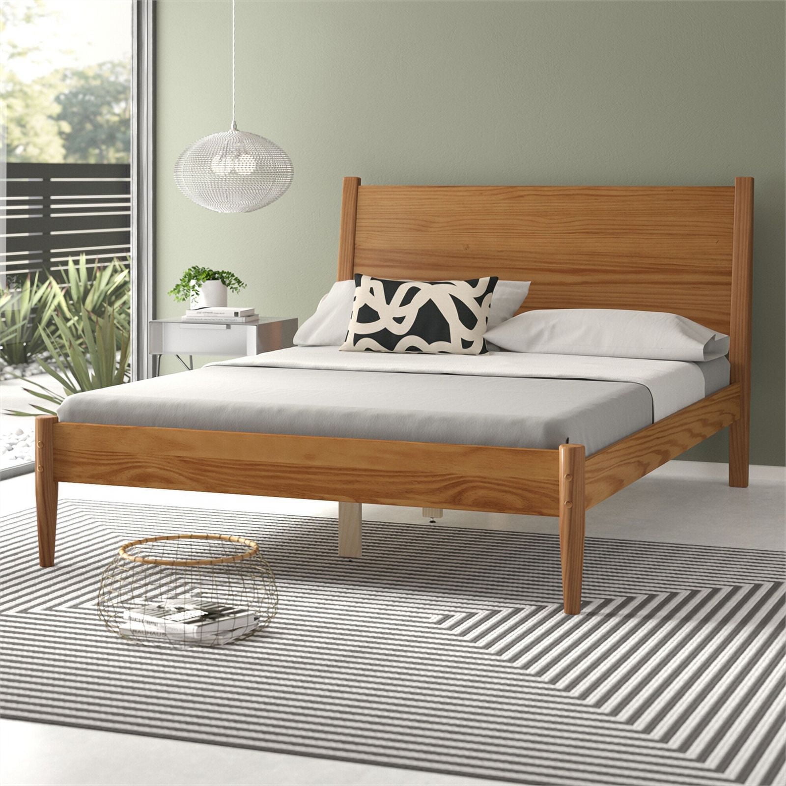 Queen Size Castanho Pine Wood Mid-Century Panel Bed