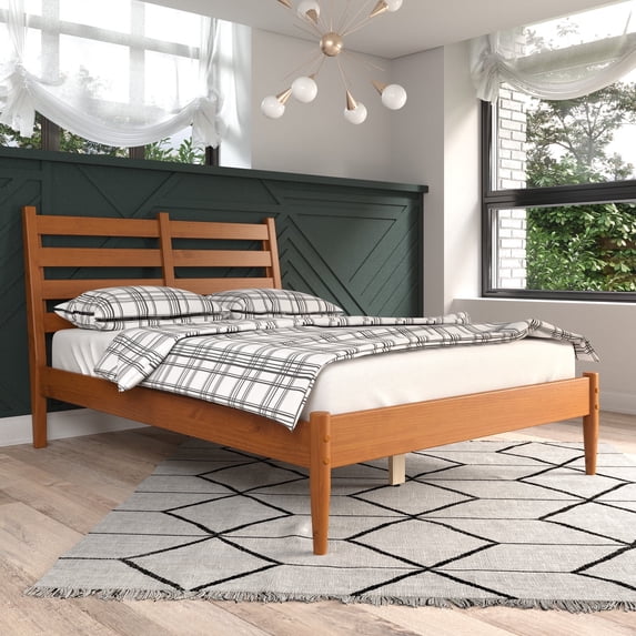 Camaflexi Mid Century Slat Bed Solid Wood Bed Frame with Headboard, Full, Castanho