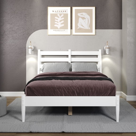 Camaflexi Mid Century Slat Bed Solid Wood Bed Frame with Headboard, Full, White