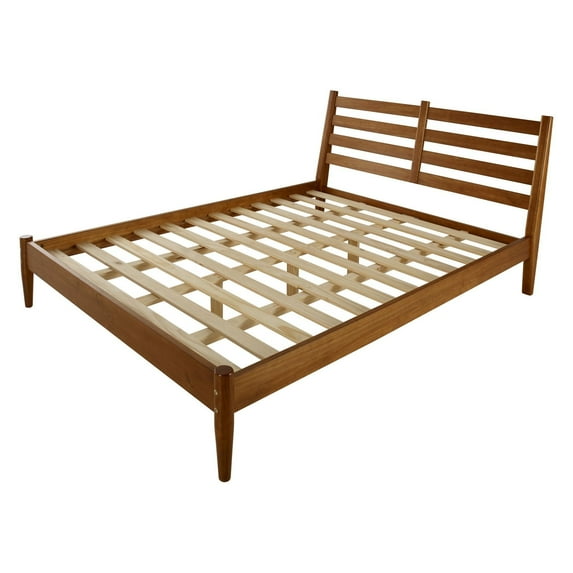 Camaflexi Mid Century Slat Bed Solid Wood Bed Frame with Headboard, King, Castanho
