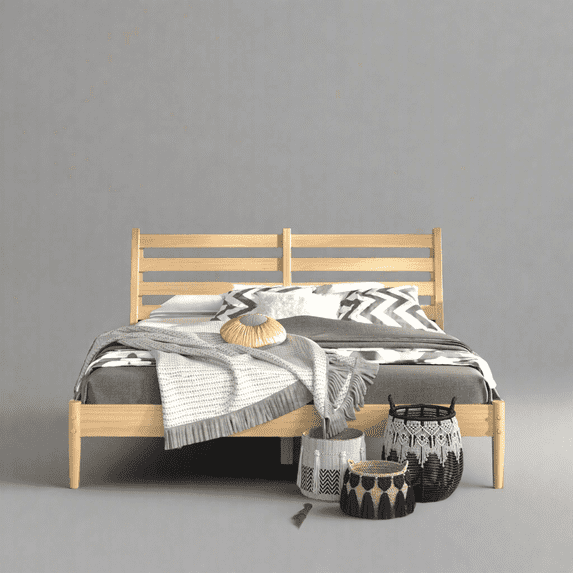 Camaflexi Mid Century Slat Bed Solid Wood Bed Frame with Headboard, King, Scandinavian Oak