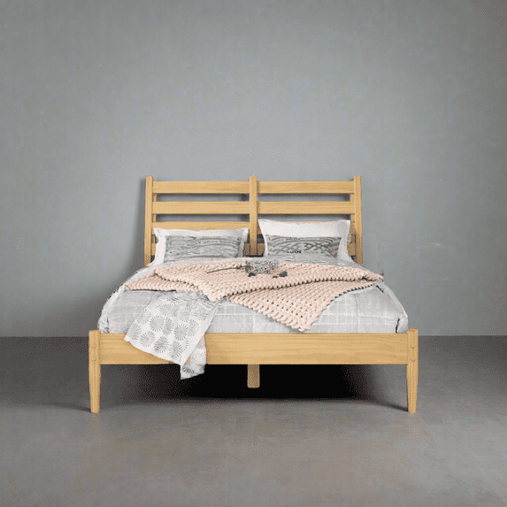 Camaflexi Mid Century Slat Bed Solid Wood Bed Frame with Headboard, Queen, Scandinavian Oak