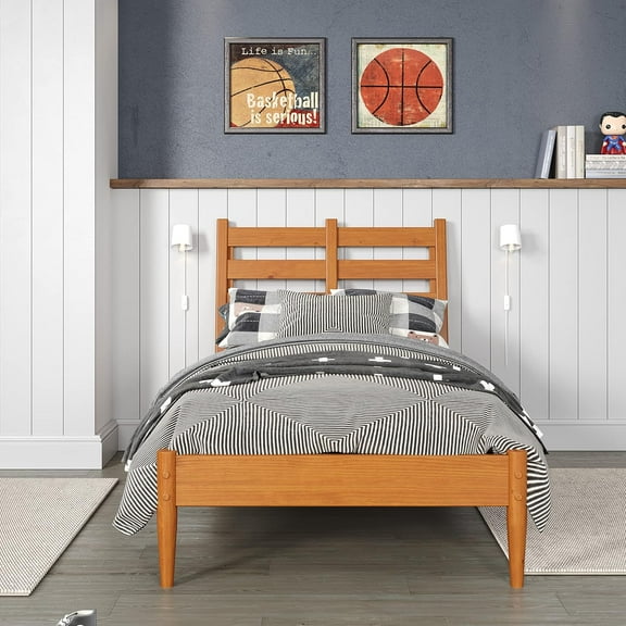 Camaflexi Mid Century Slat Bed Solid Wood Bed Frame with Headboard, Twin, Castanho