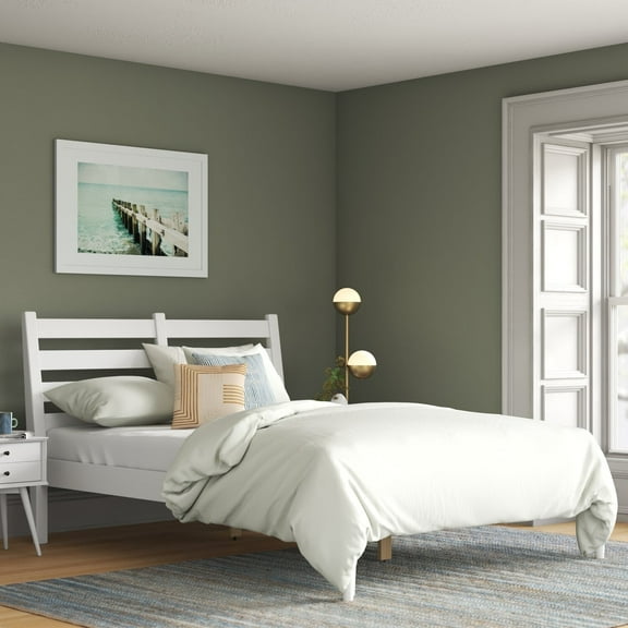 Camaflexi Mid Century Slat Bed Solid Wood Bed Frame with Headboard, Twin, White