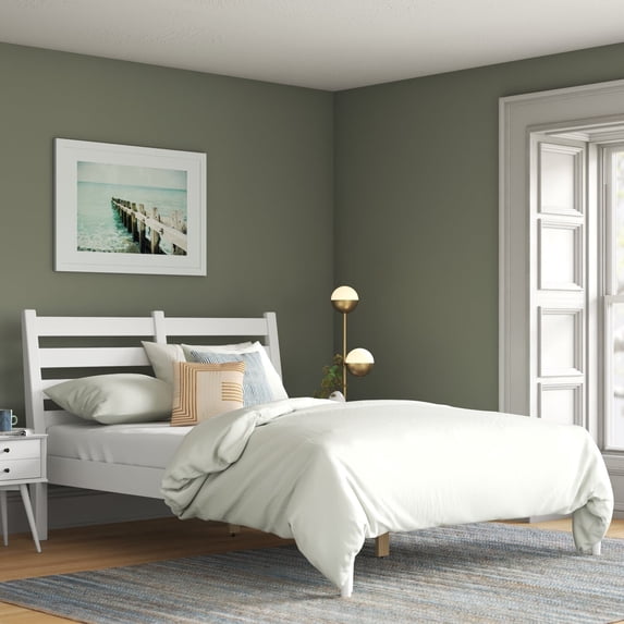 Camaflexi Mid Century Slat Bed Solid Wood Bed Frame with Headboard, Twin, White