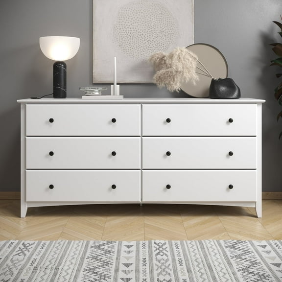 Camaflexi Shaker Style 6 Combo Drawer Dresser Wood Bedroom Furniture, White Finish