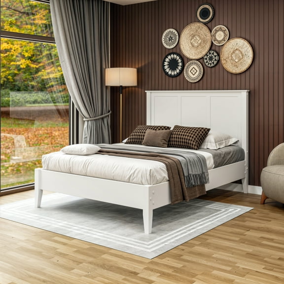 Camaflexi Shaker Style Queen Size Platform Bed with Flat Panel Headboard, White FInish