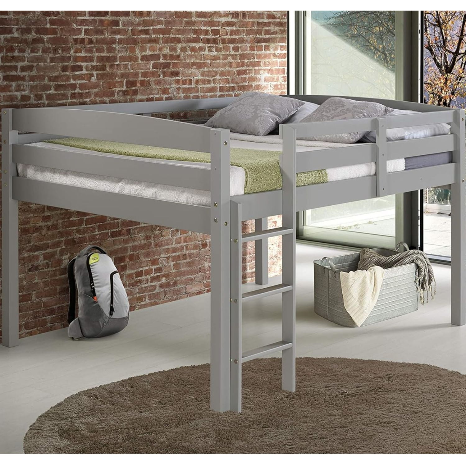 Concord Solid Pine Full Low Loft Bed with Guard Rails in Grey