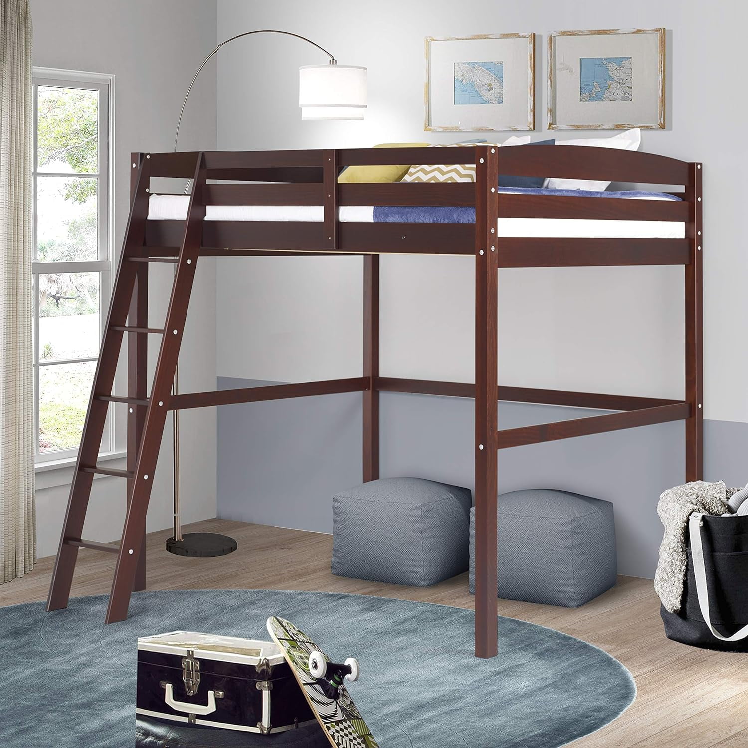 Cappuccino Twin Pine Wood Loft Bed with Ladder and Guard Rails
