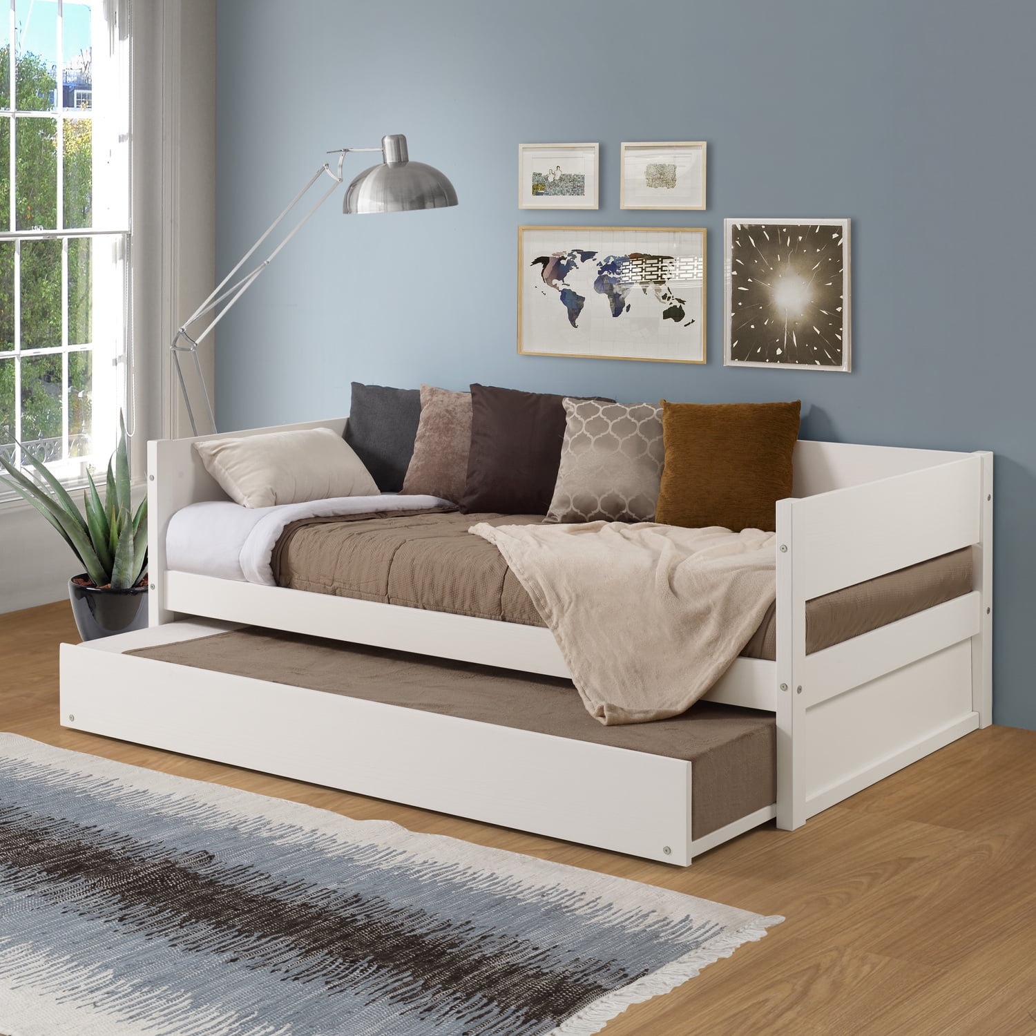 White Twin Solid Wood Daybed with Trundle and Slats