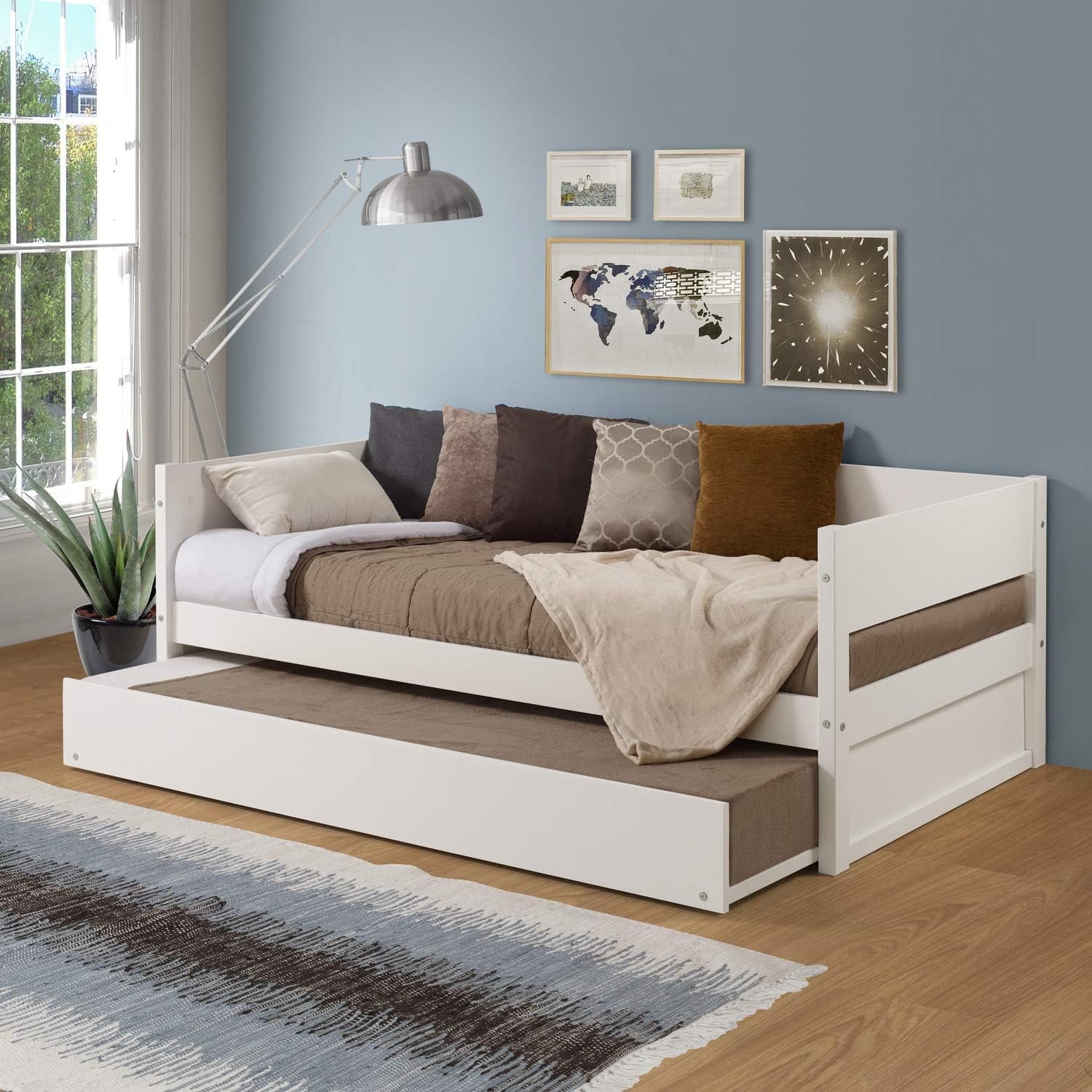 White Twin Solid Wood Daybed with Trundle and Slats
