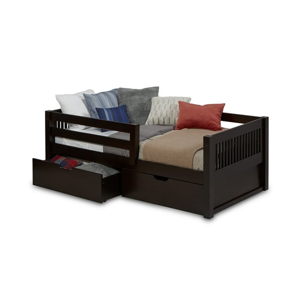 Camaflexi Twin Size Day Bed with Front Guard Rail & Drawers - Mission Headboard - Cappuccino Finish