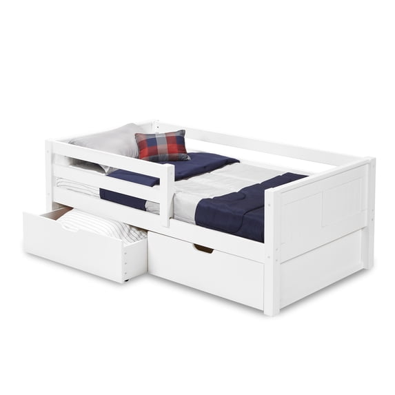 Camaflexi Twin Size Day Bed with Front Guard Rail & Drawers - Panel Headboard - White Finish