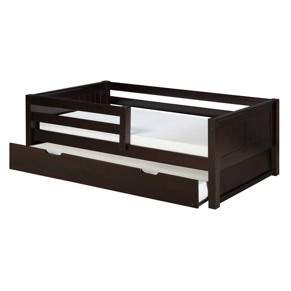 Camaflexi Twin Size Day Bed with Front Guard Rail & Trundle - Panel Headboard - Cappuccino Finish