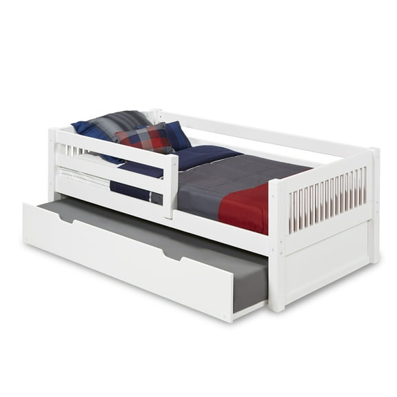 Camaflexi Twin Size Day Bed with Front Guard Rail & Twin Trundle - Mission Headboard - White Finish