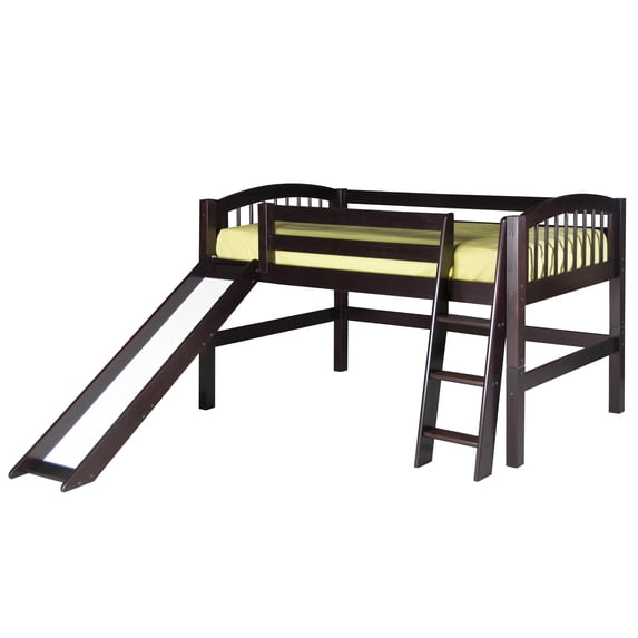 Camaflexi Twin Size Low Loft Bed with Slide - Arch Spindle Headboard - Cappuccino Finish