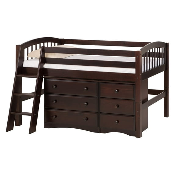 Camaflexi Twin Size Low Loft Storage Bed - Arch Spindle Headboard - Cappuccino Finish