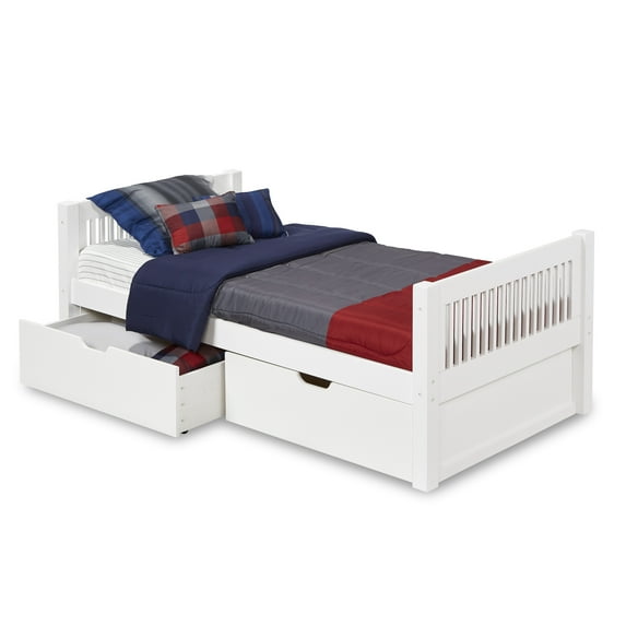 Camaflexi Twin Size Platform Bed with Drawers - Mission Headboard - White Finish