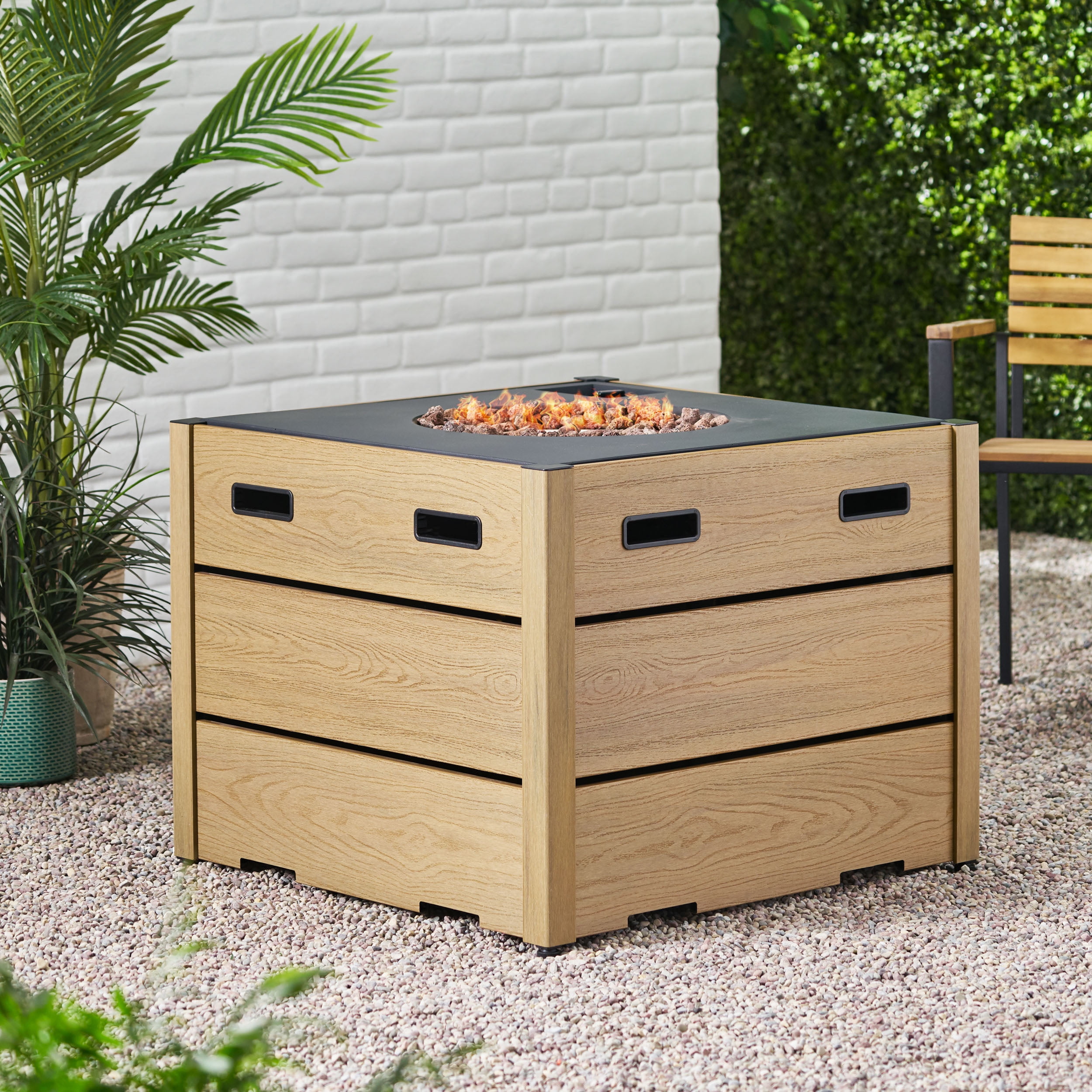 Camak Wood Resin Outdoor 31" Rectangular Fire Pit - 40,000 BTU, Brown