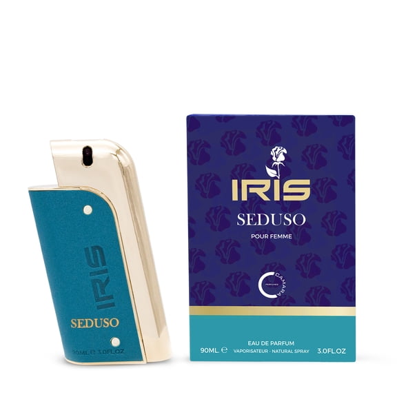Camara Iris Seduso EDP For (Unisex) 3.4FL. OZ 100ML with notes of White Peach Pear, Orange, Black Currant, Lily of the Valley, Violet, Sandal, Intense Amber, Toffee, Vanilla