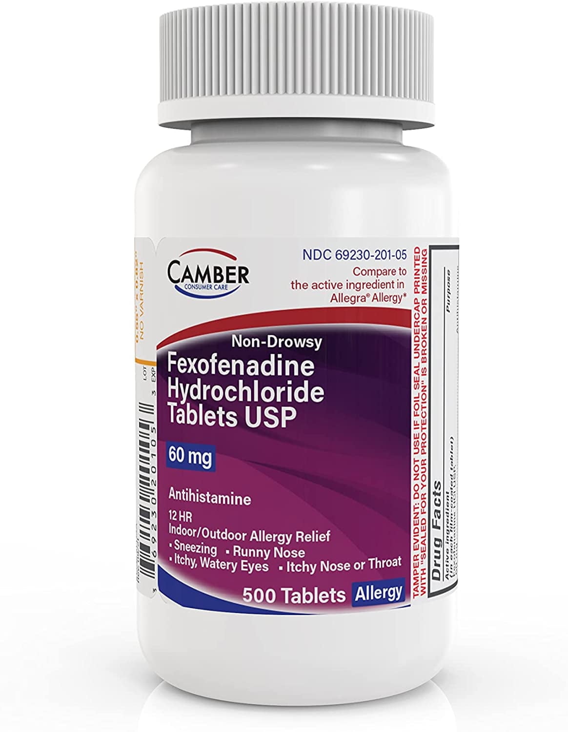 Camber Consumer Care Adult Non-Drowsy Antihistamine Tablets for 12-Hour Allergy Relief, Fexofenadine HCl 60 Mg, 500ct