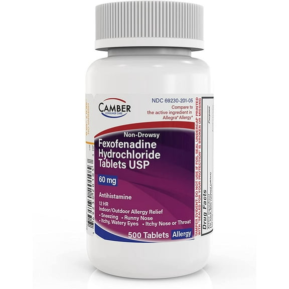 Camber Consumer Care Adult Non-Drowsy Antihistamine Tablets for 12-Hour Allergy Relief, Fexofenadine HCl 60 Mg, 500ct
