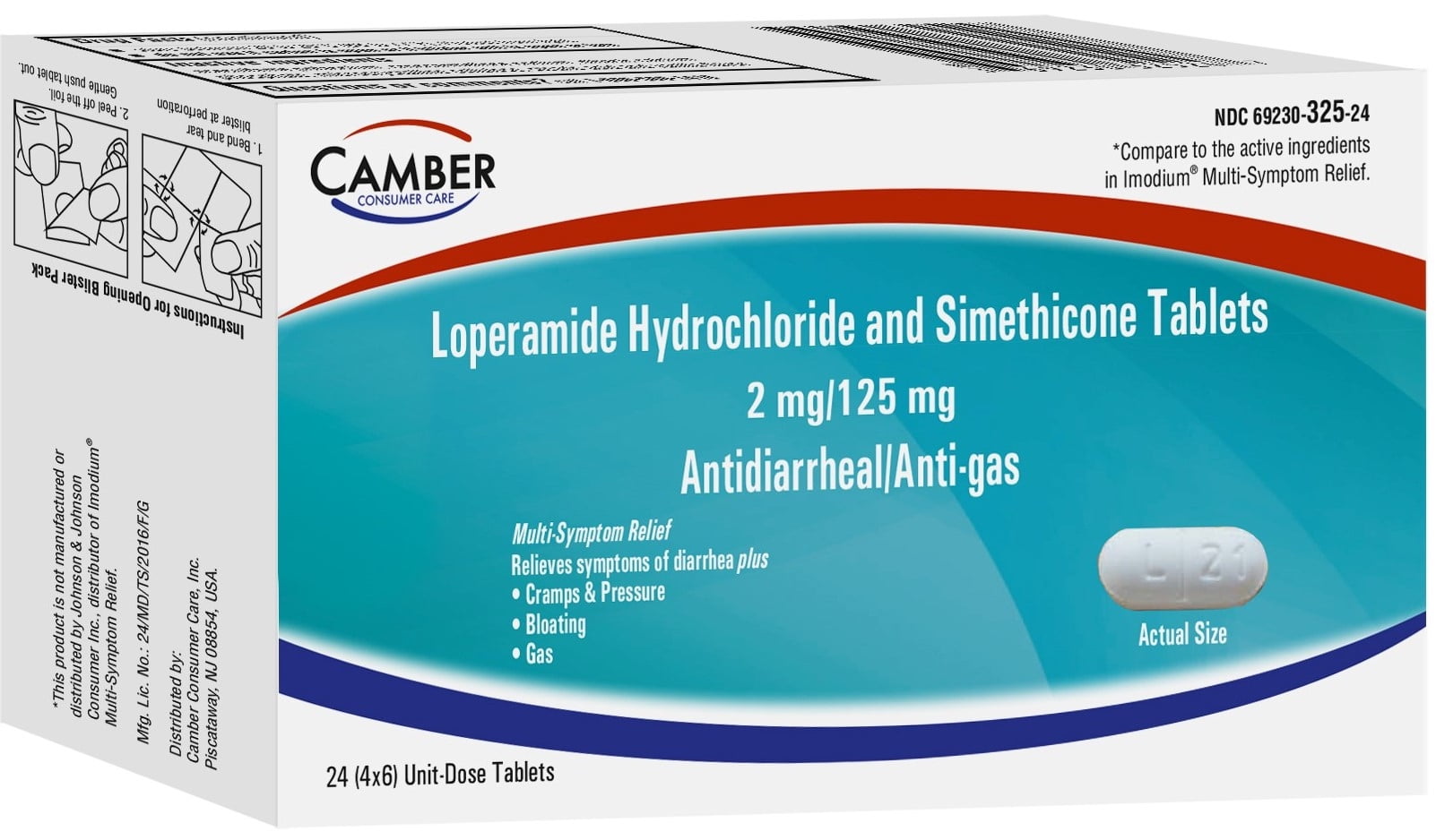 Camber Consumer Care Loperamide Hydrochloride and Simethicone Multi-Symptom Tablets. Anti-Diarrheal and Anti-Gas, 24 Count