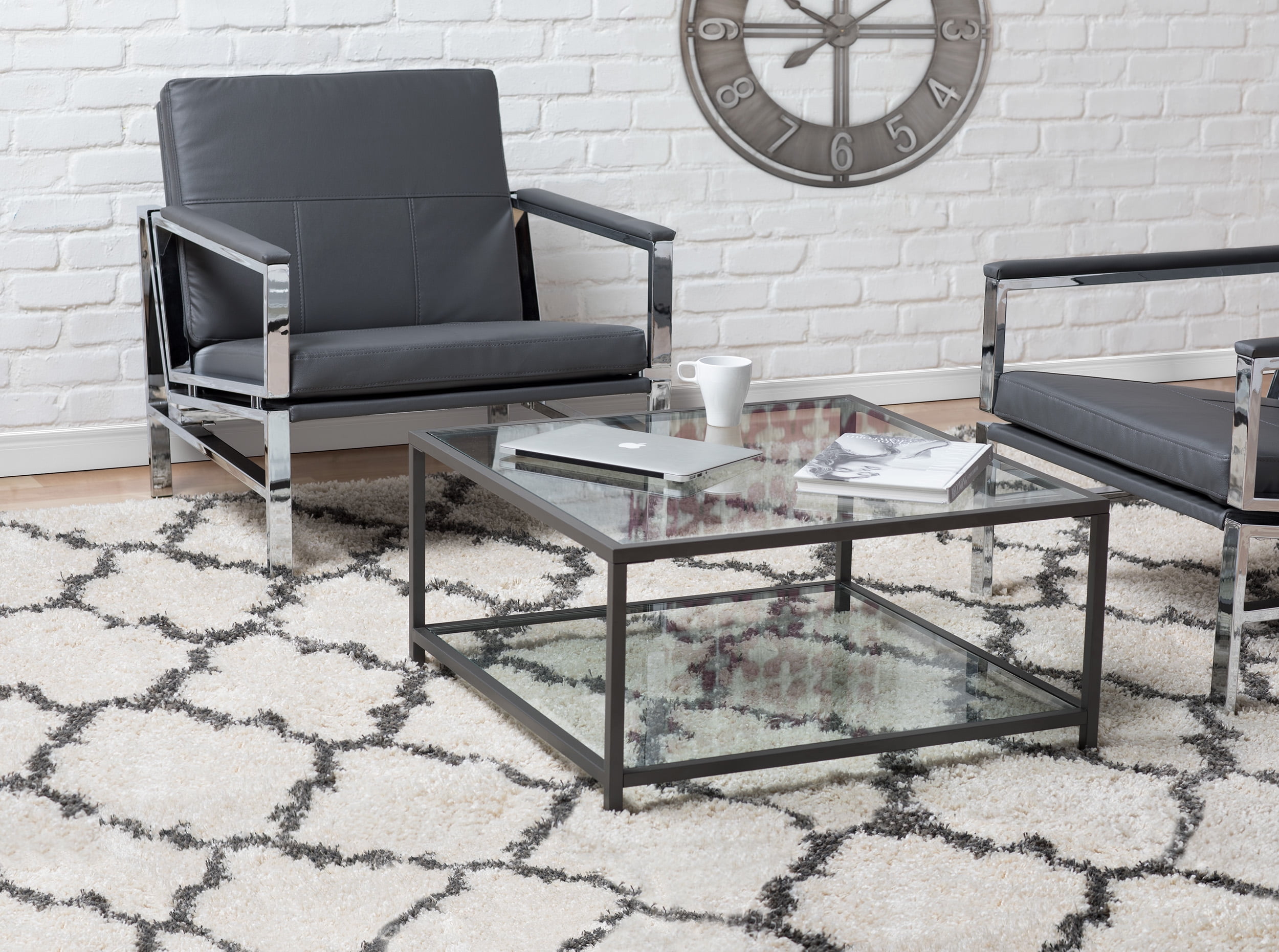 Camber Modern 2Tier Living Room Small Square Coffee Table Metal Frame Tempered Glass 30 Inch