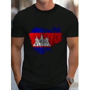 Cambodia Cambodian Flag Silhouette Kampuchea Khmer Travel Men's Cotton Crew Neck Graphic Tee Casual Short Sleeve Solid T-Shirt