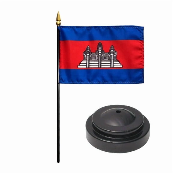 Cambodia Desk Flag with Base; American Made Rayon 4x6 inch Miniature Table Set Includes One Small Mini Country Stick Flags and One Black Stand (Cambodia Desk Flag and Base)