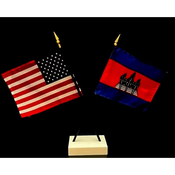 Cambodia Desk Flag Set; Contains One USA and One Country Flag with a White Crossed Base, American Made
