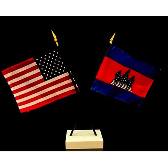 Cambodia Desk Flag Set; Contains One USA and One Country Flag with a White Crossed Base, American Made