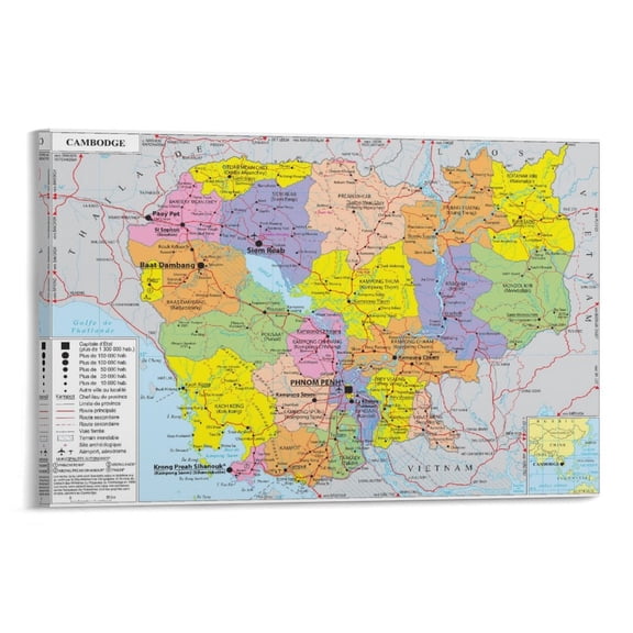 Cambodia Map Posters Poster Cool Artworks Painting Wall Art Canvas Prints Hanging Picture Home Decor Posters Gift 24x36inch(60x90cm)