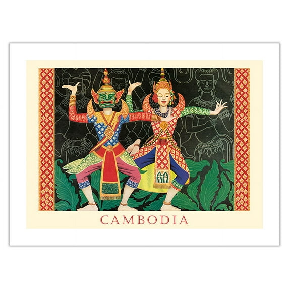 Cambodia - Modern Cambodian Dancers - Ancient Temple of Angkor Wat - Vintage Travel Poster by Albert Camille c.1946 - Fine Art Matte Paper Print (Unframed) 18x24in