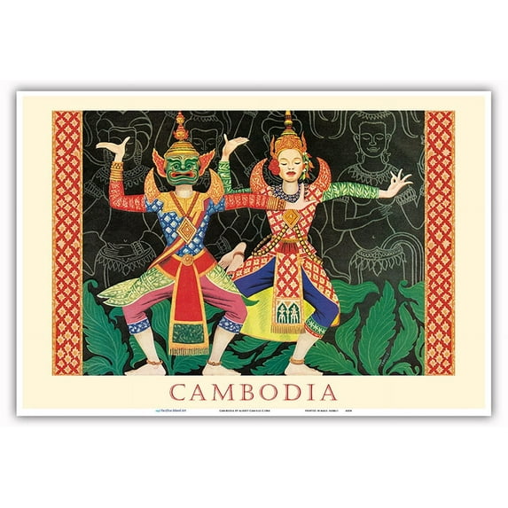 Cambodia - Modern Cambodian Dancers - Ancient Temple of Angkor Wat - Vintage Travel Poster by Albert Camille c.1946 - Master Art Print (Unframed) 13in x 19in