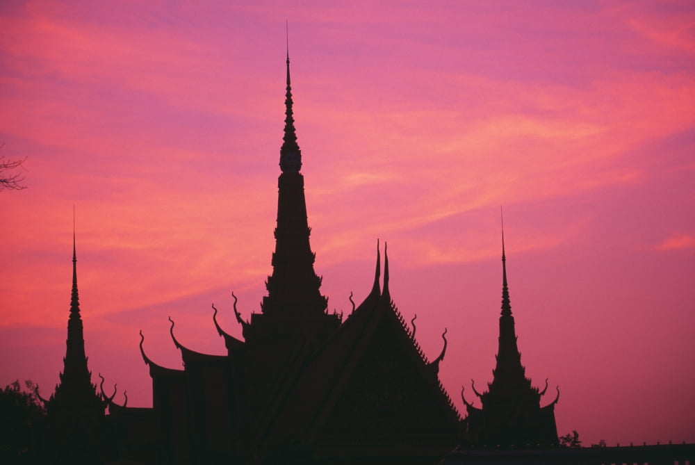 Cambodia Phnom Phen Silhouette Of Palace Architecture At Sunset Canvas Art - Allan Seiden Design Pics (19 x 12)