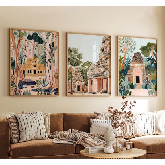 Cambodia Poster Vintage Inspired Temple Landscape Wall Art Neutral Asian Travel Prints Set 3