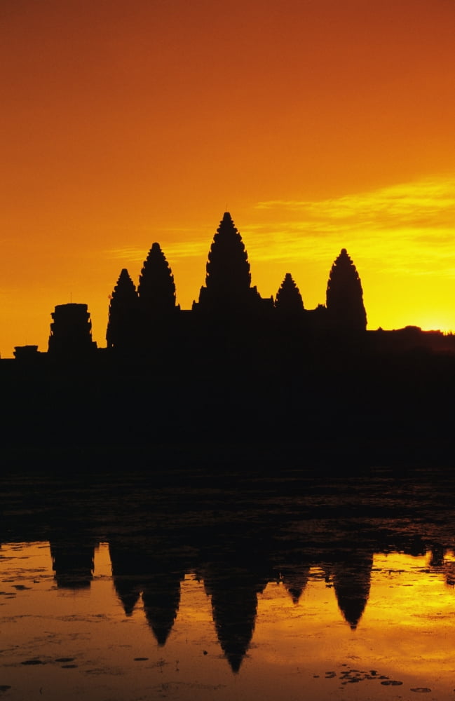 Cambodia Siem Reap Angkor Wat Silhouette Of Temple At Sunrise Reflections On Water Surface Ornage Sky Canvas Art - Richard Maschmeyer Design Pics (11 x 18)