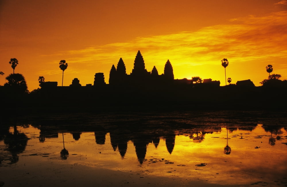 Cambodia Siem Reap Silhouette of temple against orange sky during sunrise Angkor wat Canvas Art - Richard Maschmeyer Design Pics (36 x 22)
