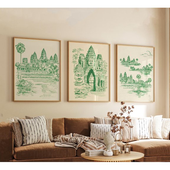 Cambodia Southeast Asia Travel Wall Art Temple Landscape Set Modern Artwork Cultural Home Decor Warm Tone Style Set 3 Unframed Paper Print