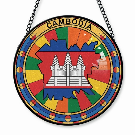 Cambodia Travel Decor Suncatcher Stained Glass Window Hanging, Gift for Traveller, Collection of Country Travel Souvenirs for Family and Friends, Cambodia Map and Flag Décor